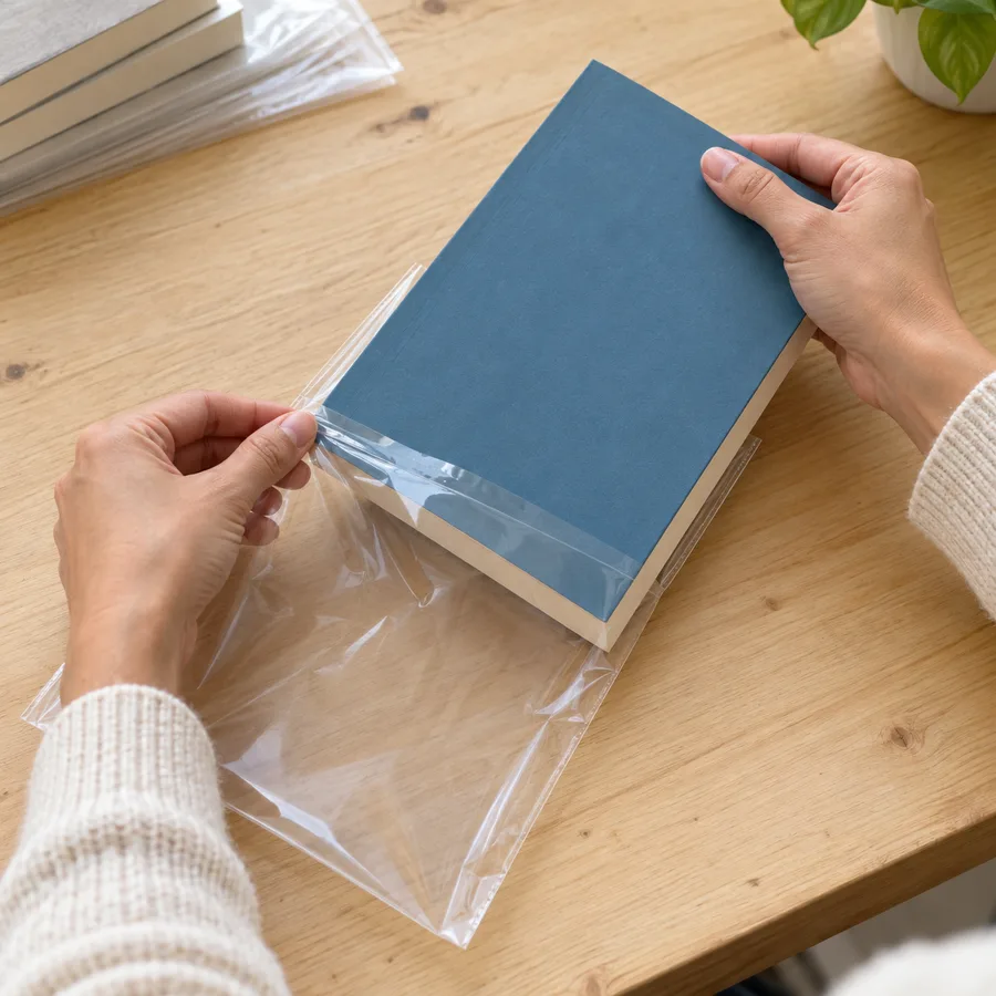 Hands sliding a paperback book into a clear plastic sleeve on a wooden table