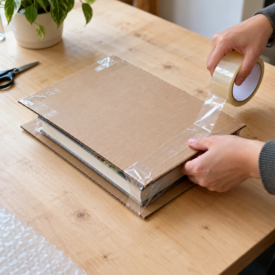 A bagged book placed between two pieces of cardboard slightly larger than the book, being taped together