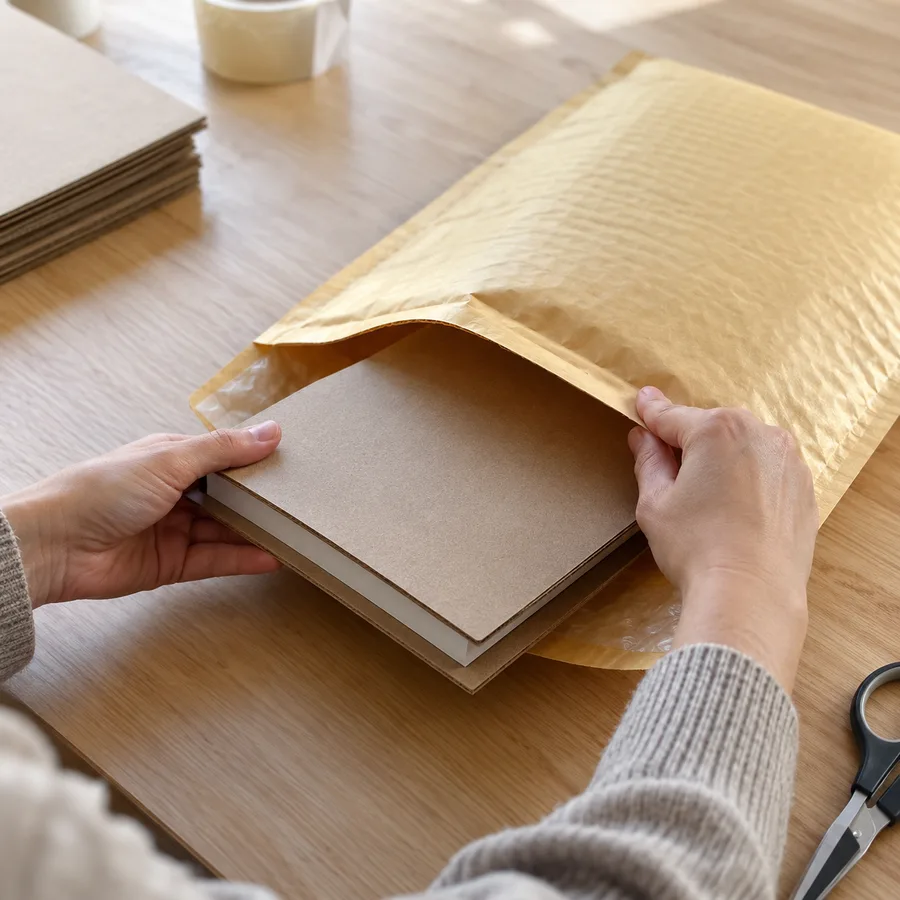 A cardboard-protected book being slid into a padded mailer