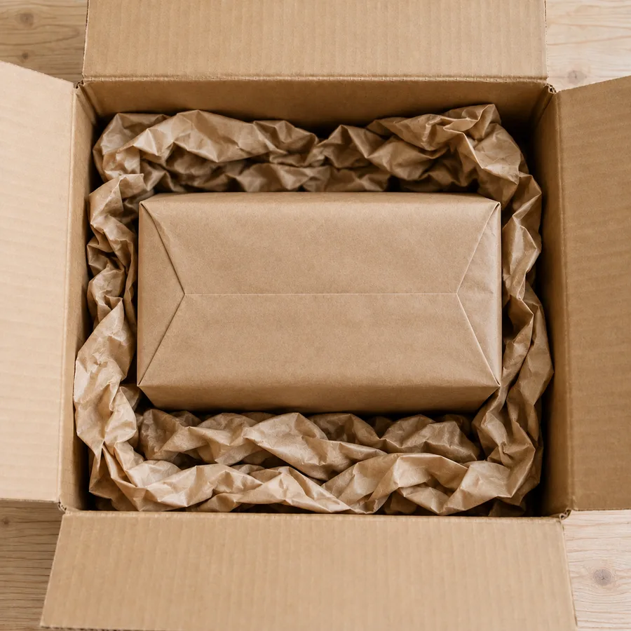 A stack of books with spines alternating directions, wrapped and set into a shipping box with paper padding