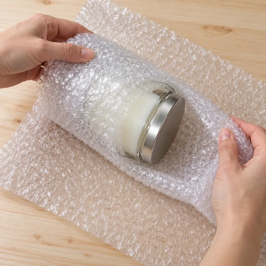 Hands wrapping a lidded glass jar candle in bubble wrap