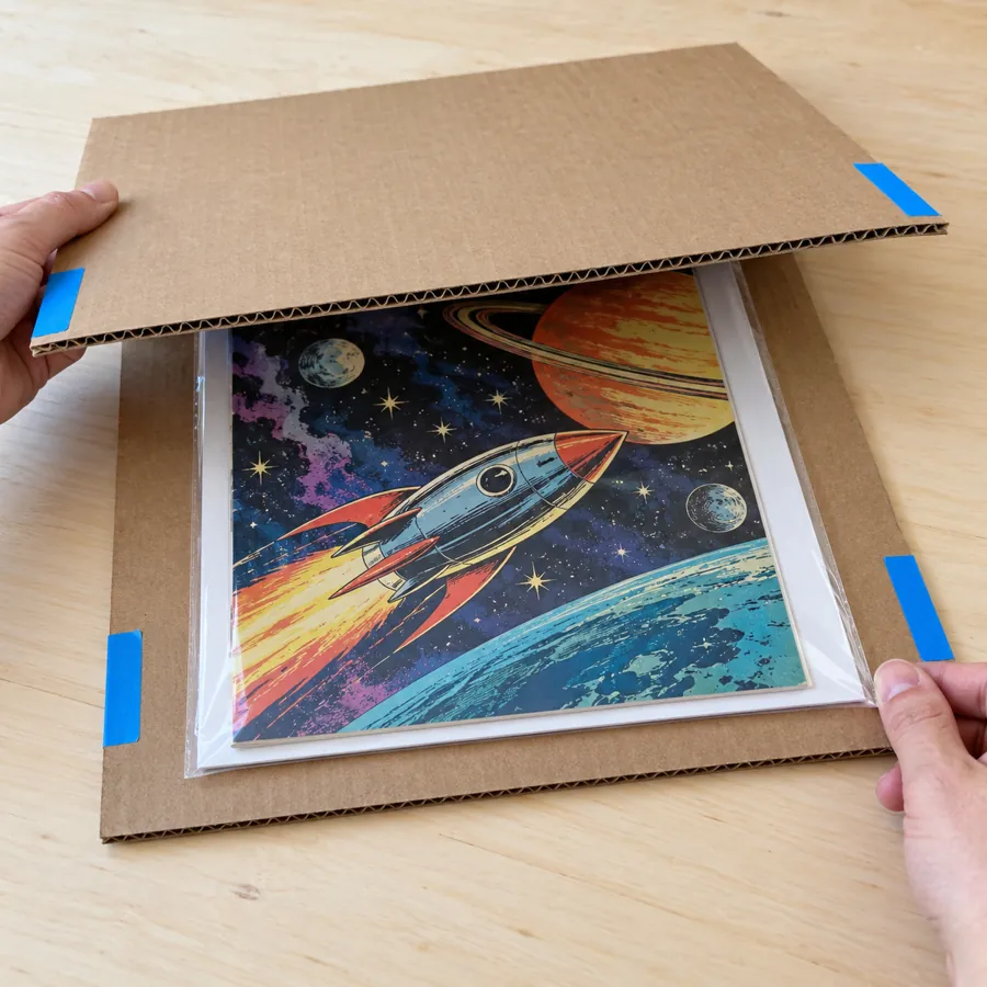 Bagged comic between two cardboard sheets with tape on the edges