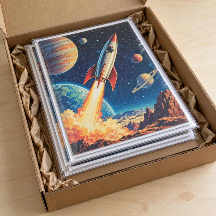 Stack of bagged and boarded comics packed in a flat shipping box