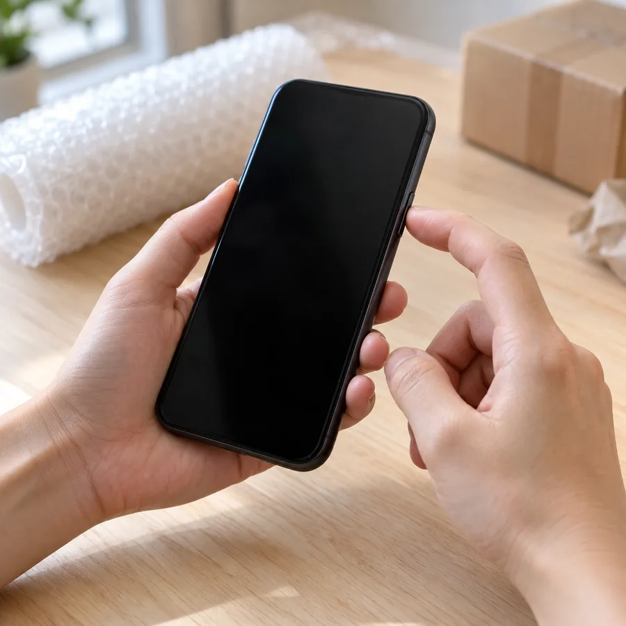 Hands holding a smartphone and pressing the side button to power it off on a wooden table