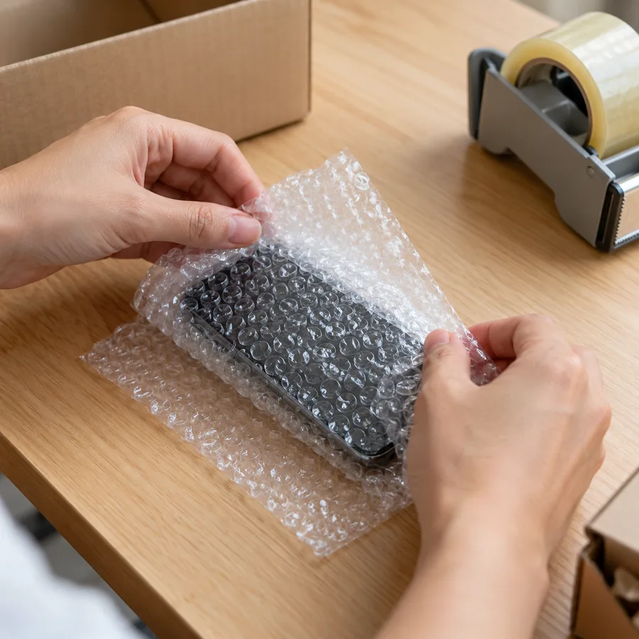 A smartphone being wrapped in clear bubble wrap by a pair of hands