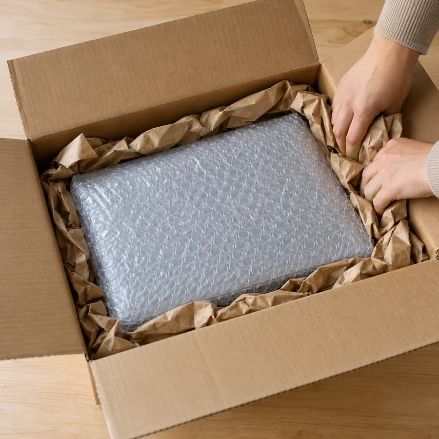 A bubble-wrapped laptop centered in a cardboard shipping box with crumpled kraft paper packed along every side