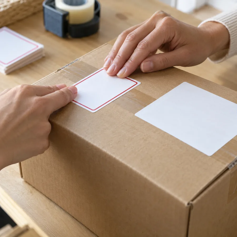 Hands smoothing a plain white rectangular sticker onto the top of a sealed cardboard box next to the shipping label