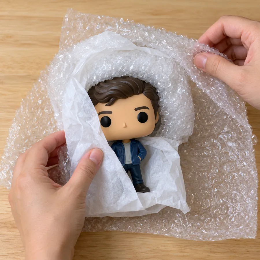 Loose vinyl figure being wrapped in white tissue paper and then bubble wrap