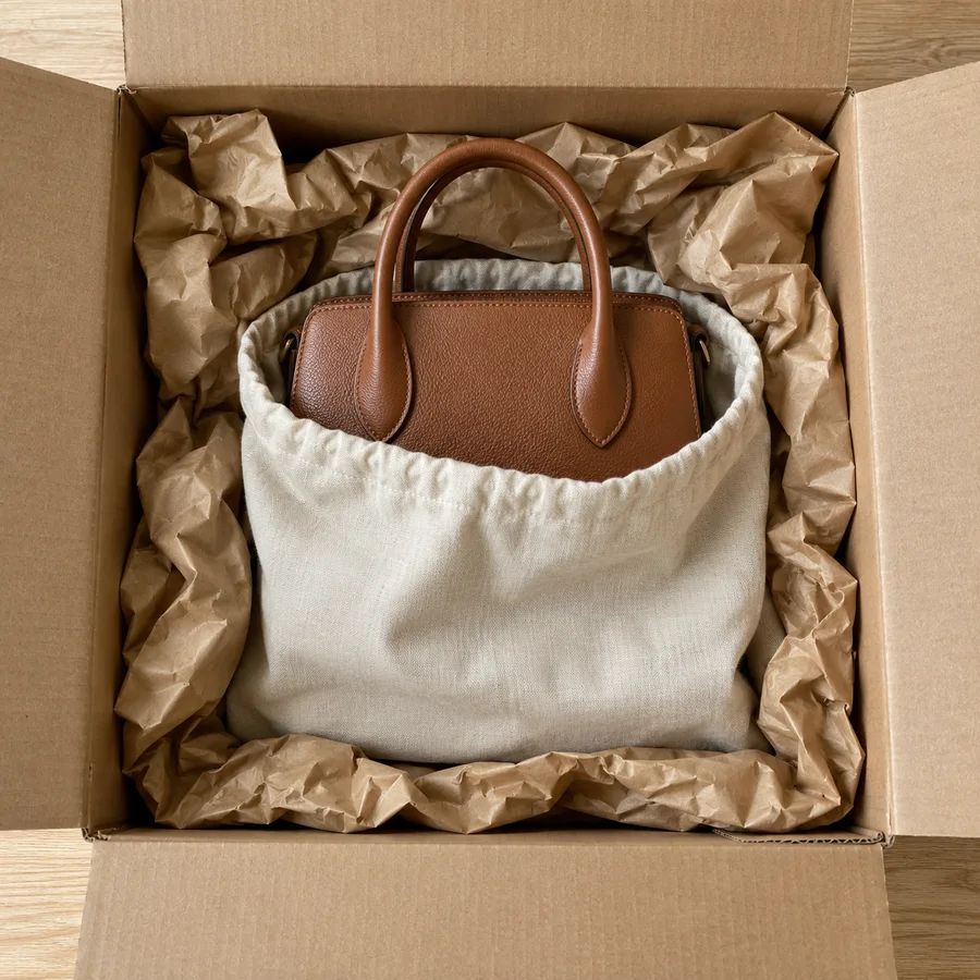 A handbag in a cloth dust bag sitting upright in a cardboard shipping box with crumpled kraft paper around it