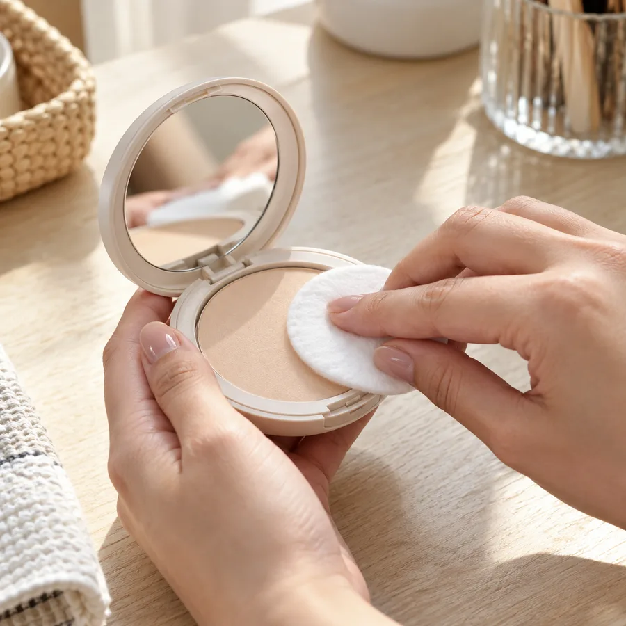 Hands pressing a round white cotton pad into the open lid of a pressed powder compact