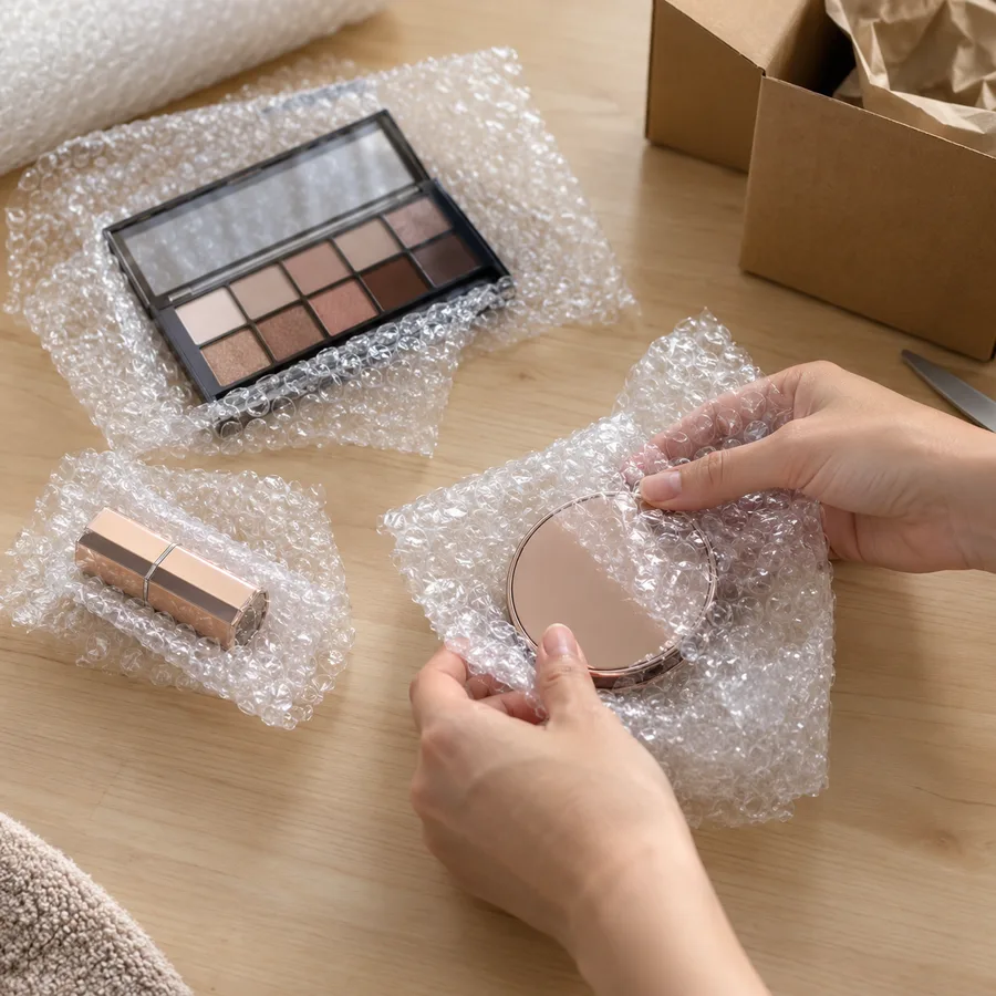 Several makeup items, a compact, a lipstick, and a palette, being wrapped in clear bubble wrap by a pair of hands