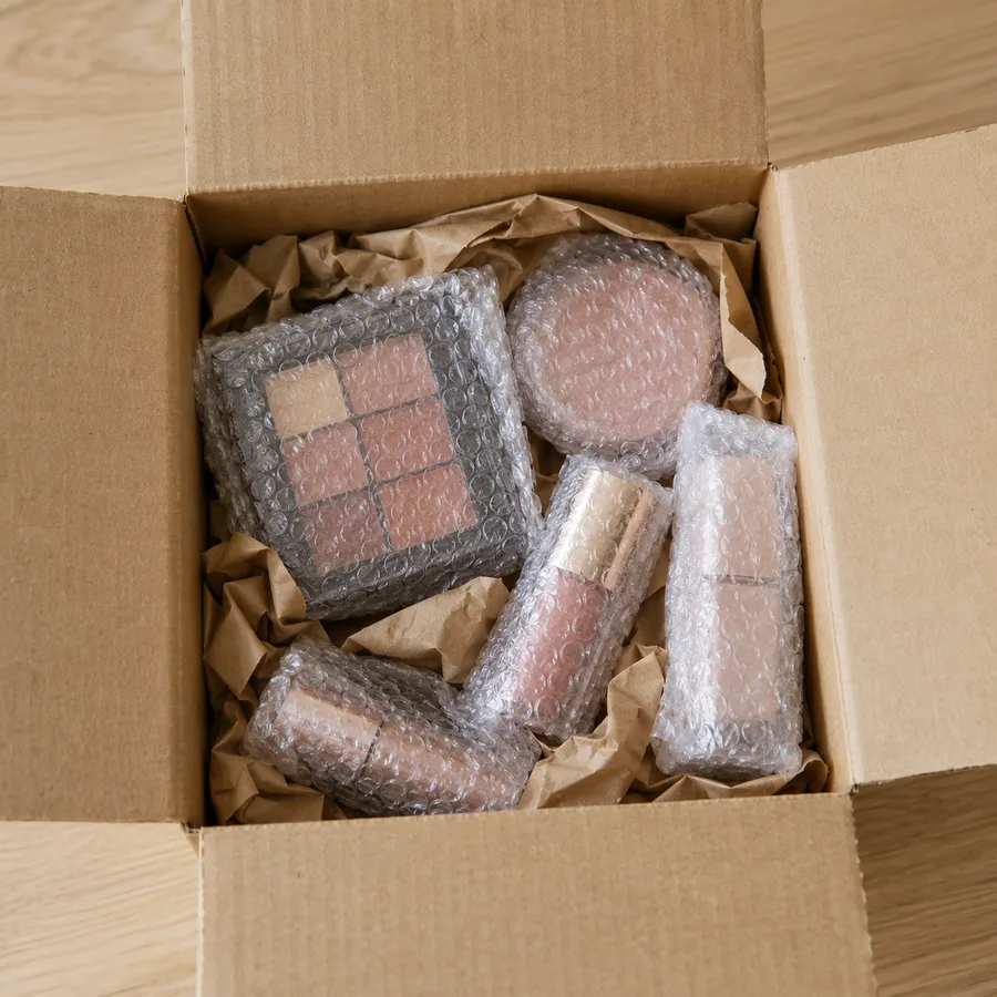 A small cardboard shipping box holding bubble-wrapped makeup items surrounded by crumpled kraft paper