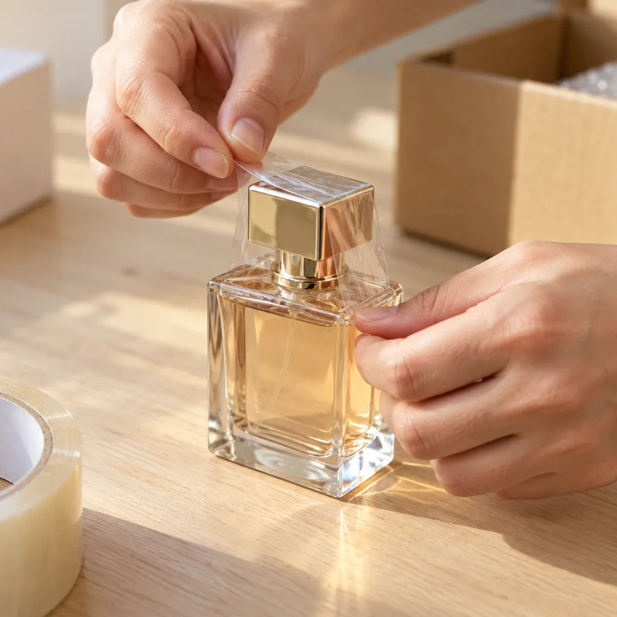 Hands pressing a strip of clear tape over the cap of a glass perfume bottle to hold it in place