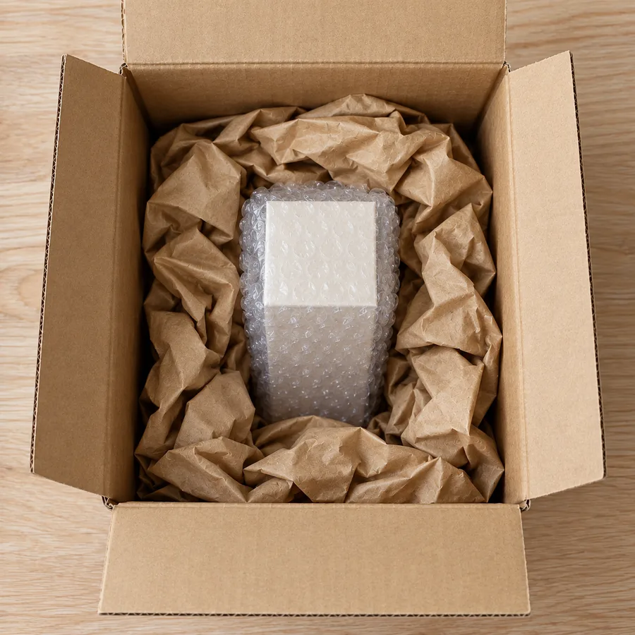 A bubble-wrapped perfume carton centered in a small shipping box with crumpled kraft paper on all sides