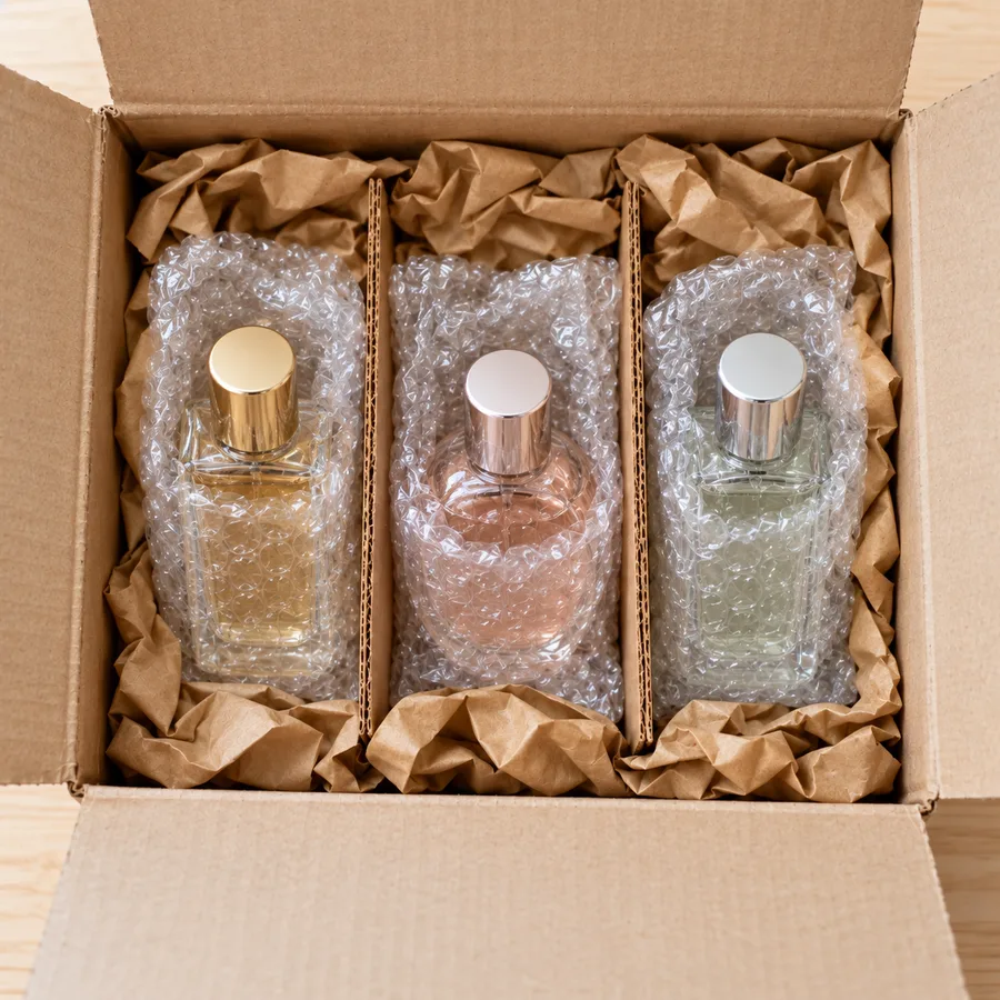 Three wrapped perfume bottles standing upright in a shipping box separated by cardboard dividers