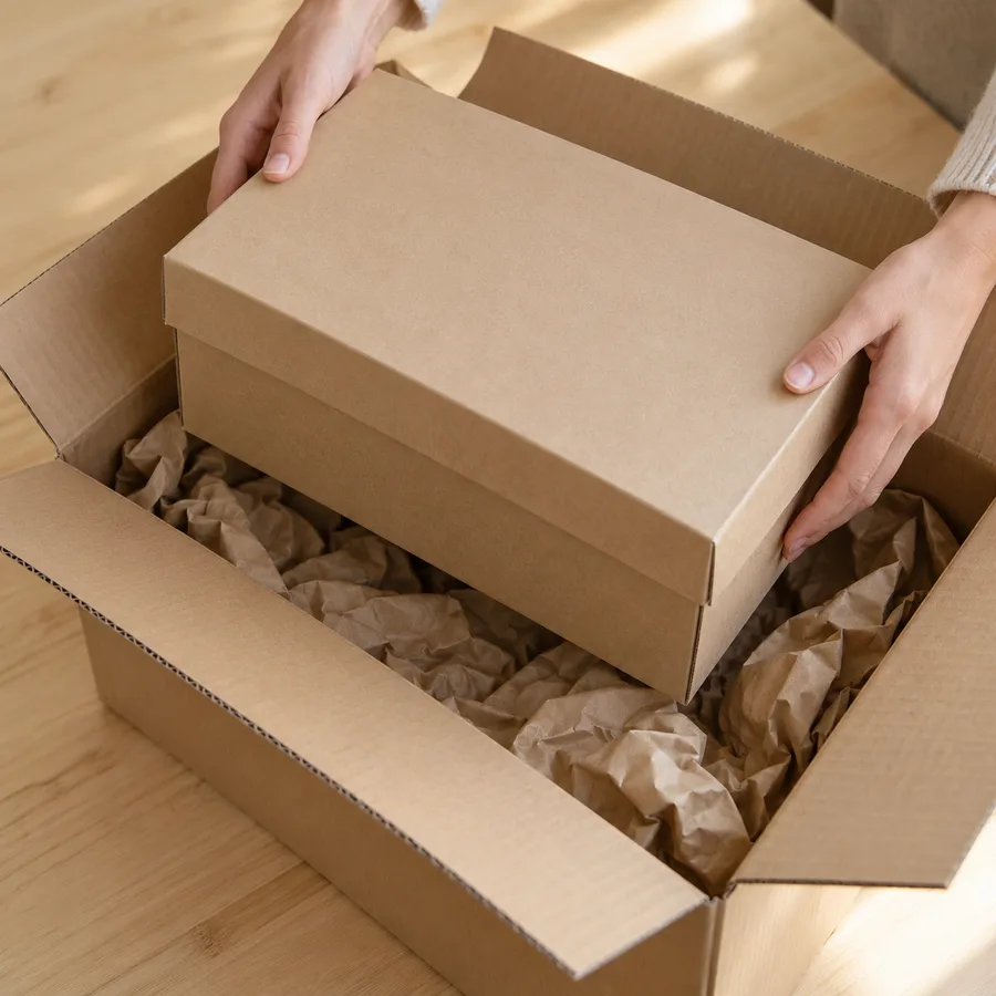 A closed shoebox being lowered onto a layer of crumpled kraft paper inside a larger shipping box
