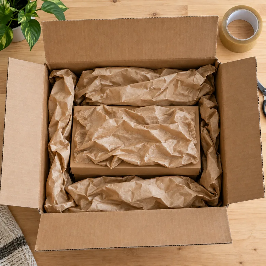 Crumpled paper packed around all sides of a shoebox inside a larger shipping box, ready to be closed