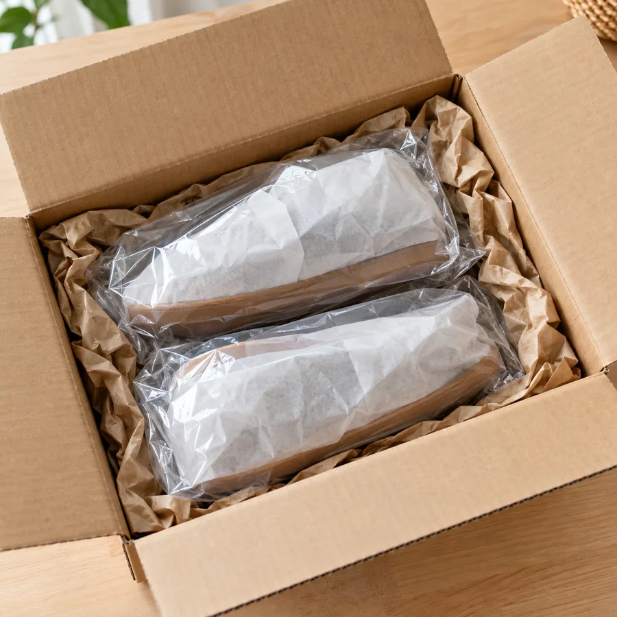 A pair of shoes, each wrapped in paper and sealed in a plastic bag, packed in a snug shipping box