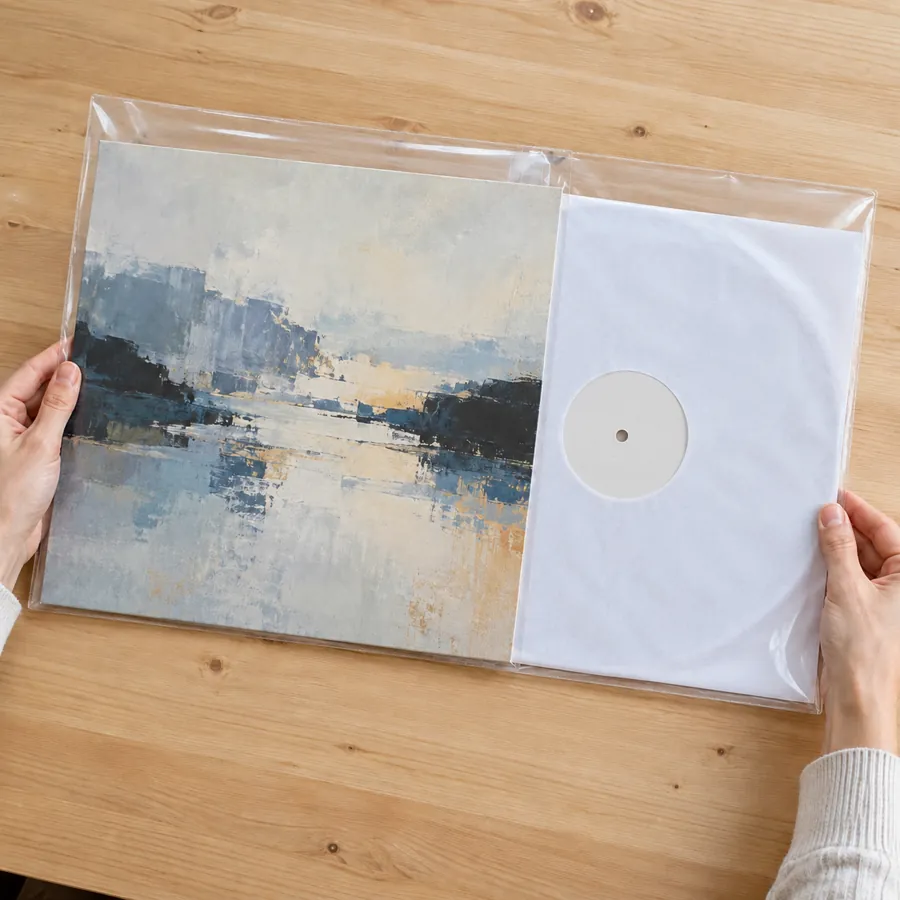 Vinyl record in its inner sleeve beside its album jacket, both slid into a clear outer sleeve