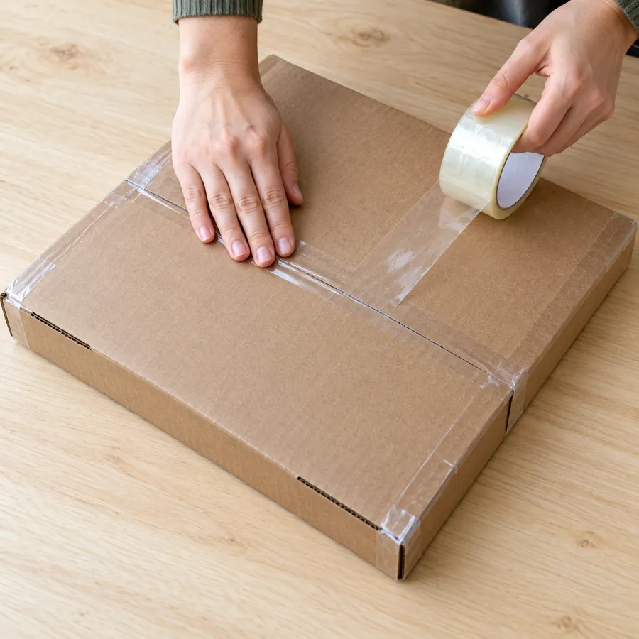 Hands sealing a closed LP mailer with packing tape